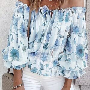 Bohemian, Floral Off-Shoulder Blouse - Blue and White, Cottagecore Top, Sz L